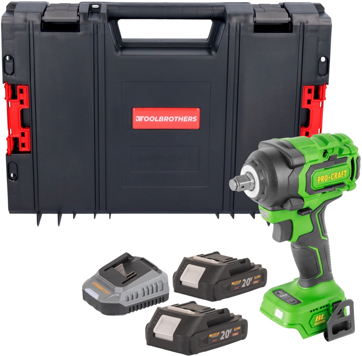 Procraft PWA18bb accu-slagmoersleutel 20 V 550 Nm 1/2" borstelloos + 2x accu 2,0 Ah + oplader + RHINO-gereedschapskoffer