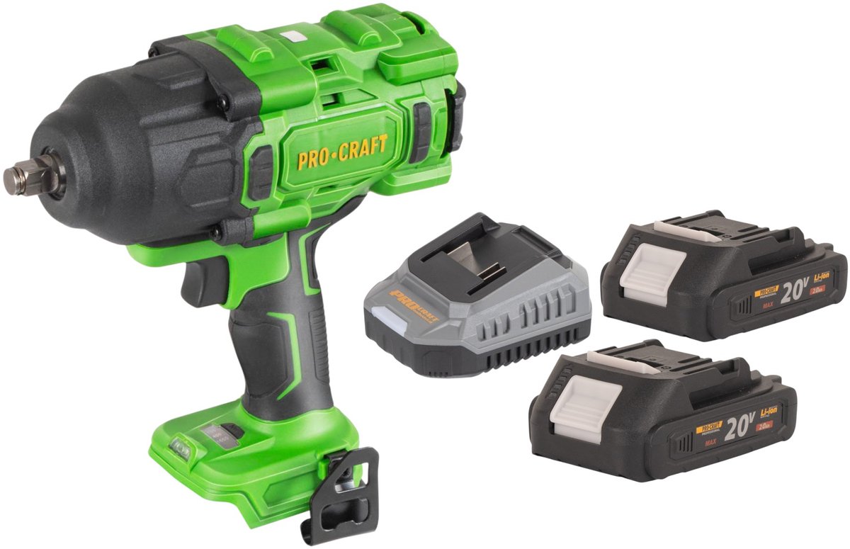 Procraft PWA80bb accu-slagmoersleutel 20 V 1600 Nm 1/2" borstelloos + 2x accu 2,0 Ah + oplader