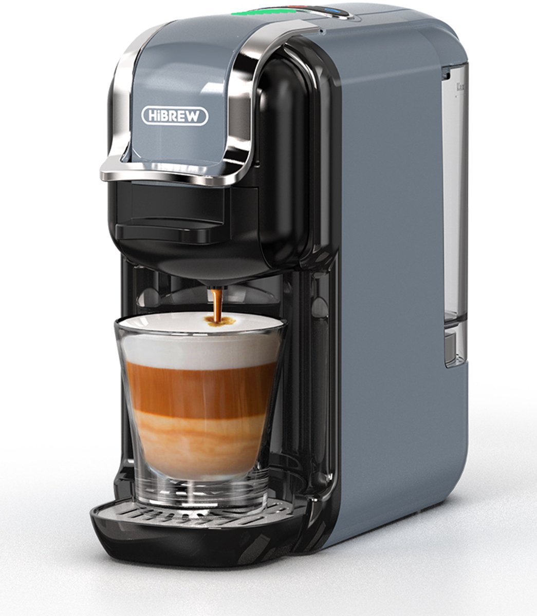 HiBREW 5-in-1 multifunctionele koffiezetapparaat voor warme en koude dranken, cappuccino en Nespresso-compatibel, compact ontwerp, ESE-pads en gemalen koffie, cafetaria, 20 bar, H2B grijs