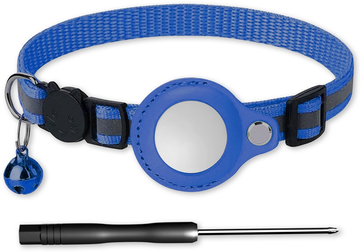 LUQ – Kattenhalsband Blauw met Airtag Houder – Reflecterend & Verstelbaar – Met Belletje – Premium Nylon