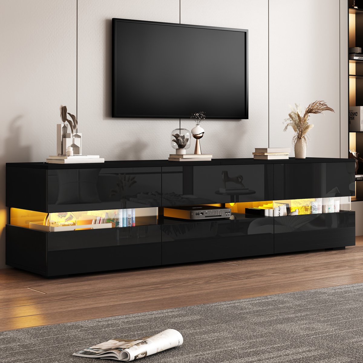 TV-Meubel - 160x39x45 cm - Met LED En Opbergruimte - Hoogglans Design - MDF Acryl - Zwart