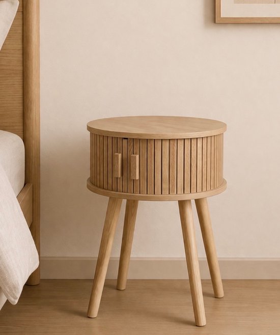 Ardful Rond Nachtkastje Hout - Japandi Bedtafeltje met Latjes Design - Scandinavisch Bijzettafeltje - Naturel - Kastje met opbergruimte - Eiken look