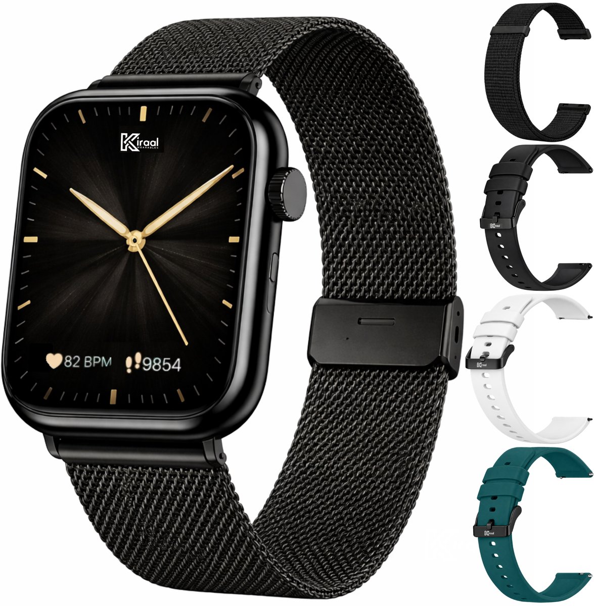 Kiraal Montala Smartwatch - Inclusief 5 Bandjes - Hartslagmeter - Stappenteller - Slaapmonitor - Multisport - Compatibel met Android en iOS - Zwart