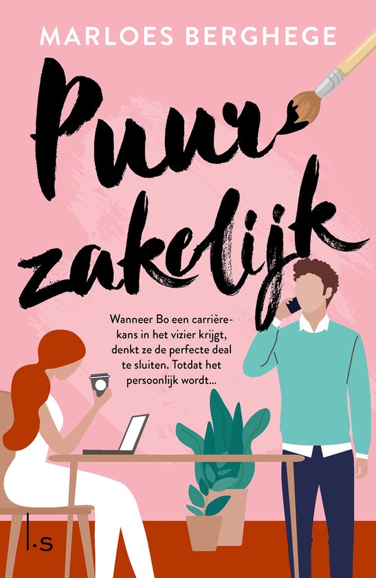 Boek 'Puur zakelijk' van Marloes Berghege. Vrouw met rode haardos en witte jurk zit aan tafel, man met bruine haardos belt aan tafel.