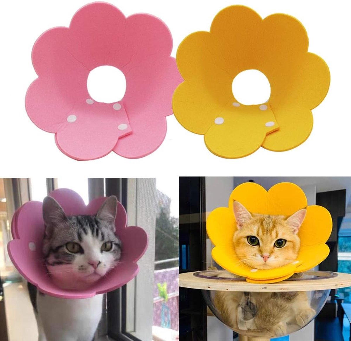 OLOEY Verstelbare herstelkraag voor katten-Leuke bloemenhalskragen voor na een operatie-set van 2-Elizabethaanse herstelkragen voor kittens en katten-maat S (2 stuks)