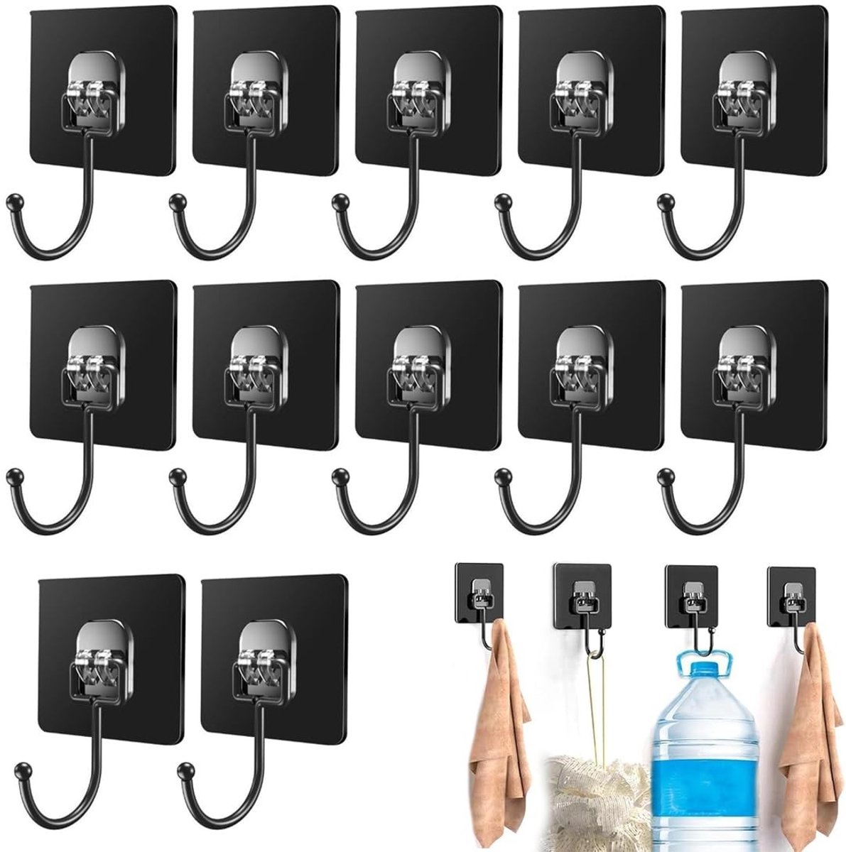 Allecto - Zelfklevende Haakjes - 12 Stuks - Sterk en Waterproof - Multifunctioneel - Zwart - Geschikt voor Keuken en Badkamer - Ideaal voor het oph...