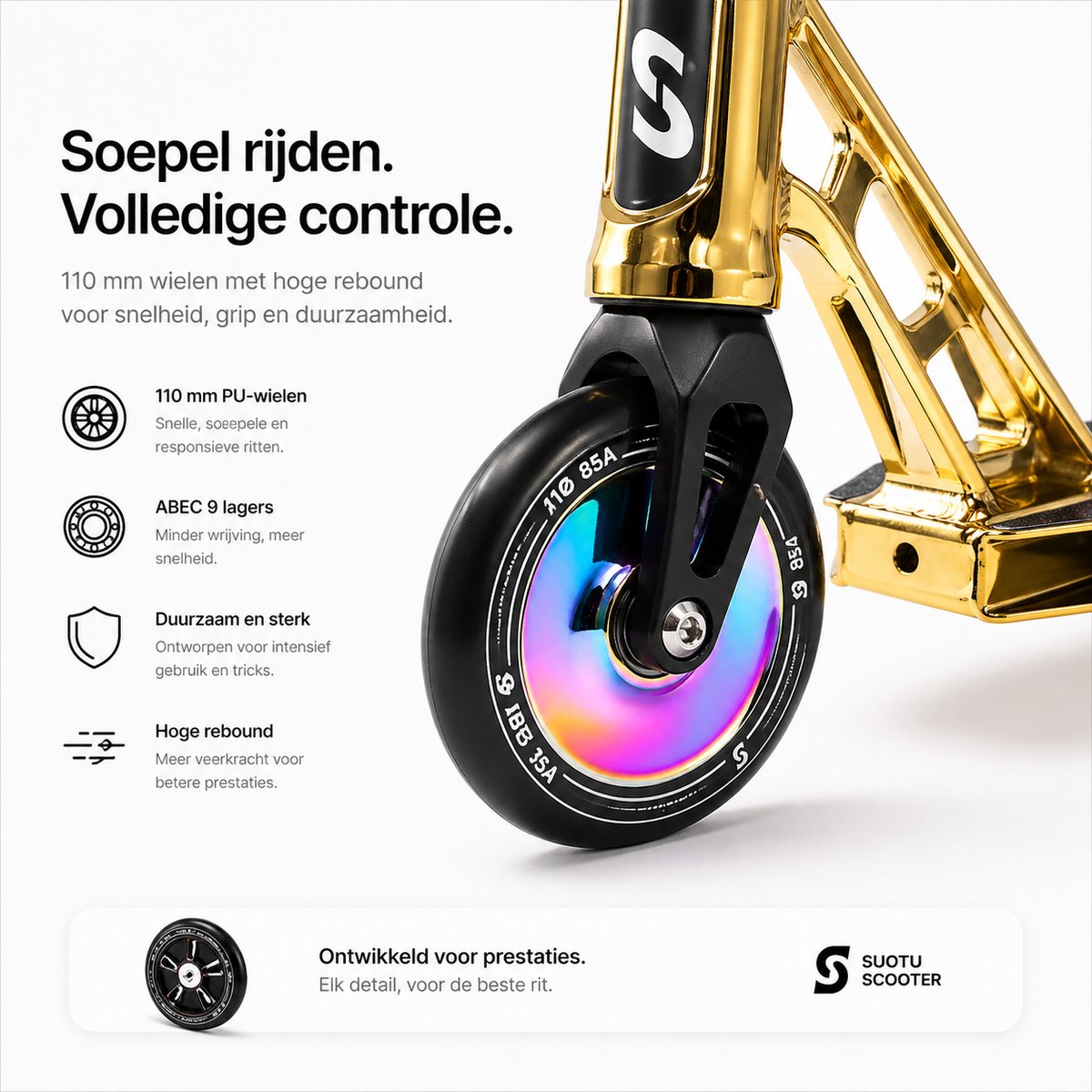 Suotu Stuntstep Professioneel - Step - 110mm - Speelgoed Jongens/Meisjes - Kinderstep - ABEC-9 - 100KG - Aluminium - Zwart/Brons/NEO — afbeelding 3