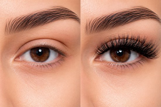 Voor en na foto van een oog, met de ene helft zonder nepwimpers en de andere met volle, lange nepwimpers.
