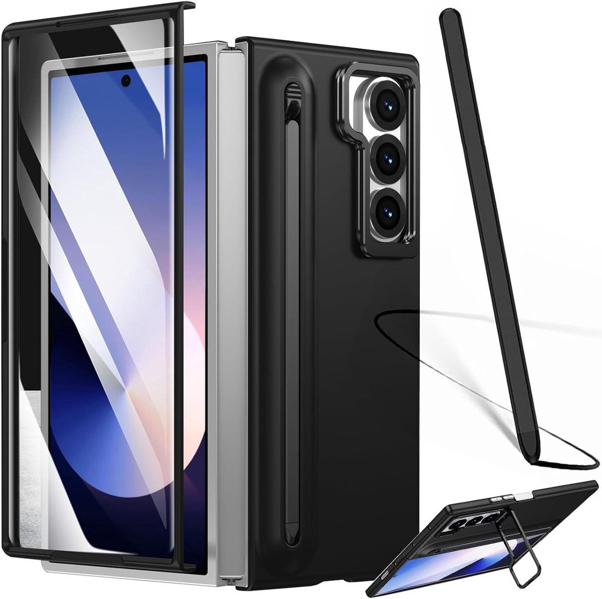 Hoogwaardige hoes voor Galaxy Z Fold 6 met ingebouwd pennenhouder, schermbeschermer en verstelbare standaard - Zwart, Bescherming, Stijl en Functionaliteit