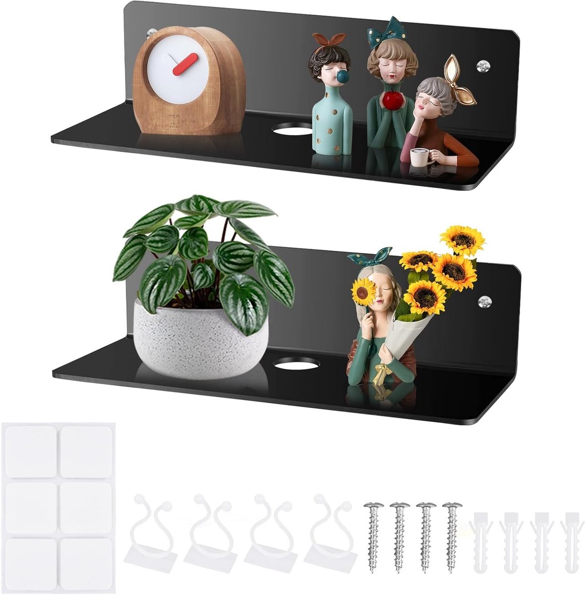 2x Zwevende Wandplanken Acryl - Wandrek Badkamer & Nachtkastje - Minimalistisch Zwart