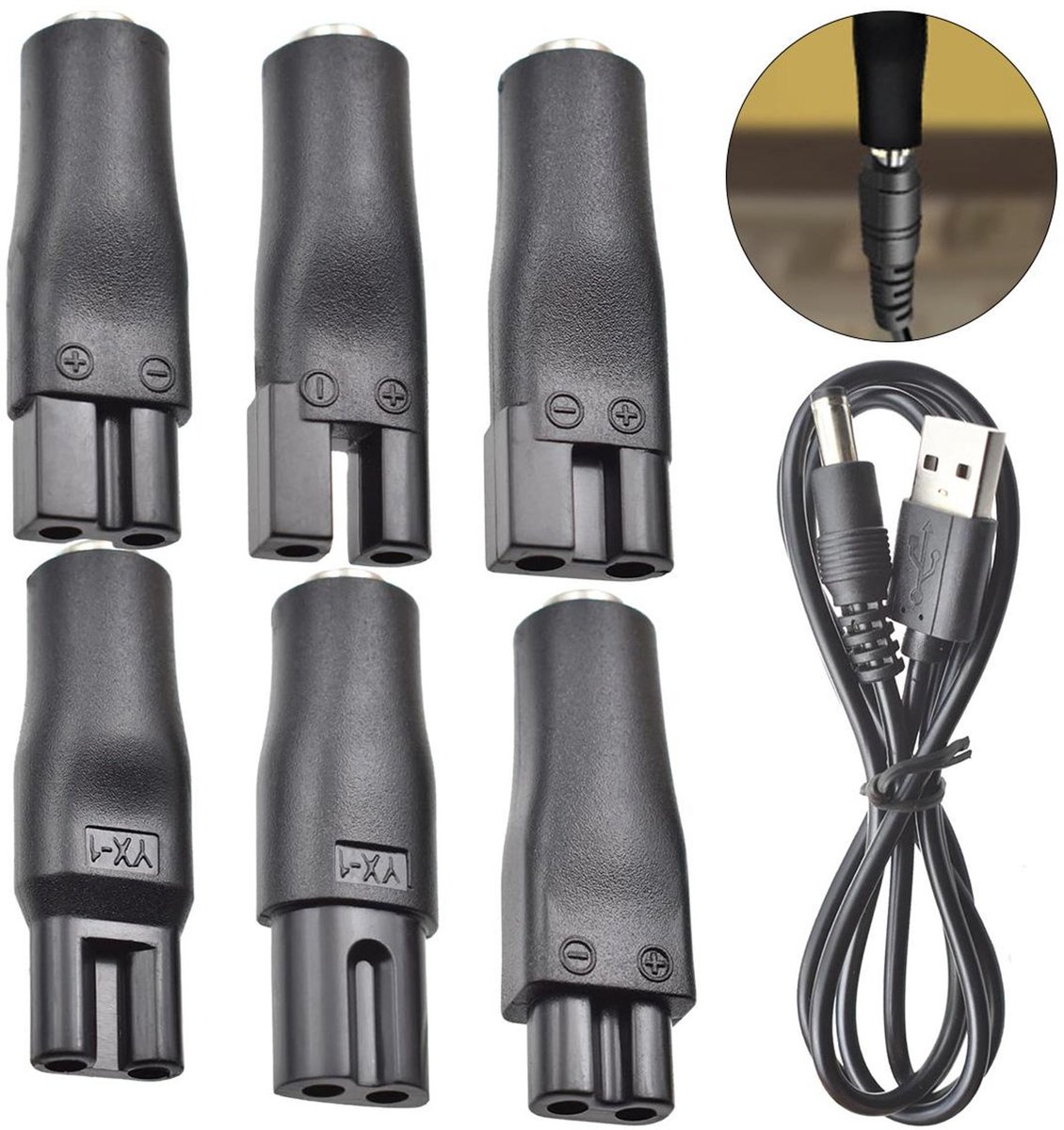 Deze 7-delige set met oplaadaccessoires voor scheerapparaten bevat een USB-adapter en is compatibel met elektrische scheerapparaten, tondeuses, baardtrimmers, schoonheidsapparaten en luchtreinigers.