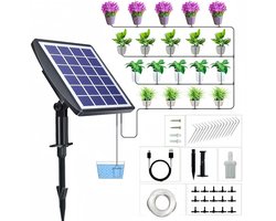 Automatisch irrigatiesysteem op zonne-energie met timer, bediening op twee niveaus en automatische bewatering; kan 15 potplanten tegelijk bewateren; geschikt voor tuinen en balkons.