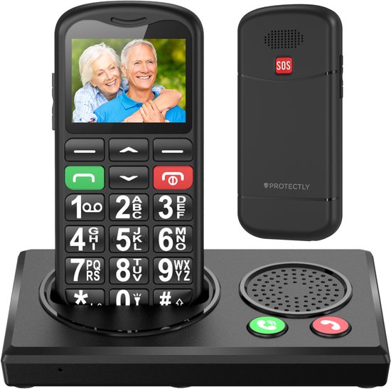 Protectly® Senioren Telefoon - 4G - SOS-Functie - Senioren Telefoon Grote Toetsen Met Kleur - Senioren Mobiele Telefoon - Senioren GSM - Oplaadstation - Handsfree bellen - Simlockvrij - Nederlandstalig - Incl. Simkaart