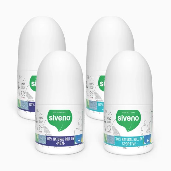 Vier witte Siveno roll-on deodorants: twee 'Men' met blauwe opdruk en twee 'Sportive' met groene opdruk.