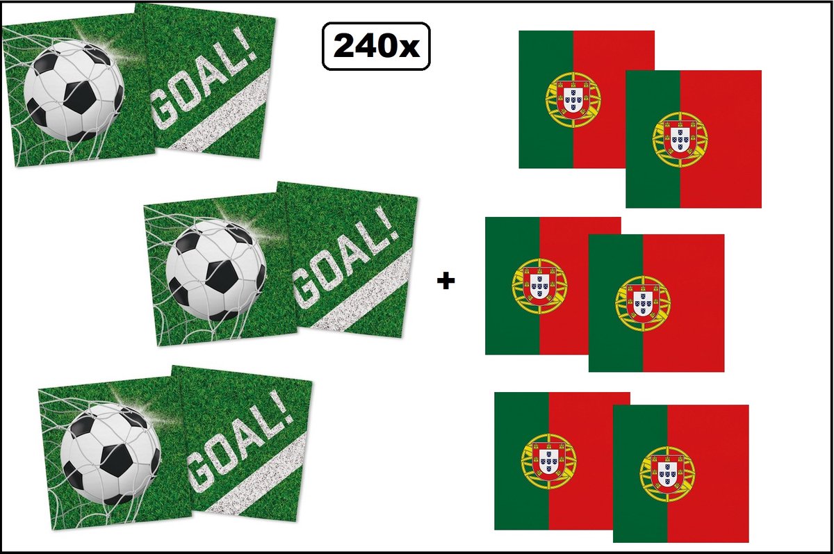 120x Servetten Voetbal 33cm x 33cm + 120x Servetten Portugal 33cm x 33cm - 3 laags - MIX - WK Servet diner eten knoeien restaurant BBQ thema feest verjaardag feest