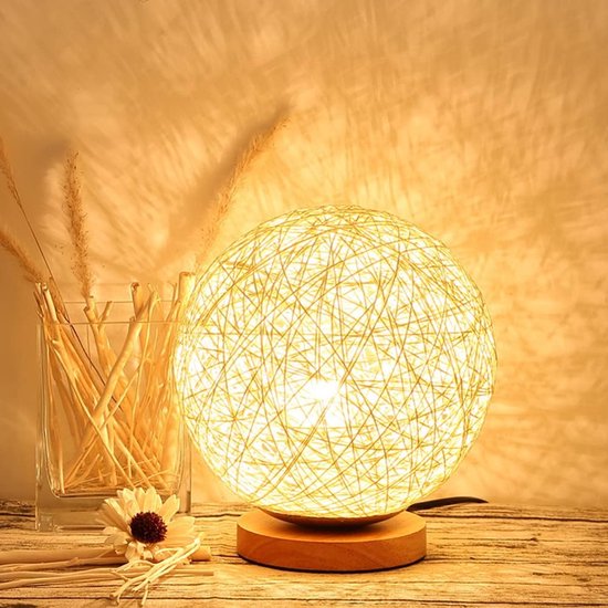 Rieten Bol Tafellamp Voor Slaapkamer - Warm Geel Licht Met Dimbare Helderheid - Usb Oplaadbaar Met Houten Basis - Sfeerverlichting