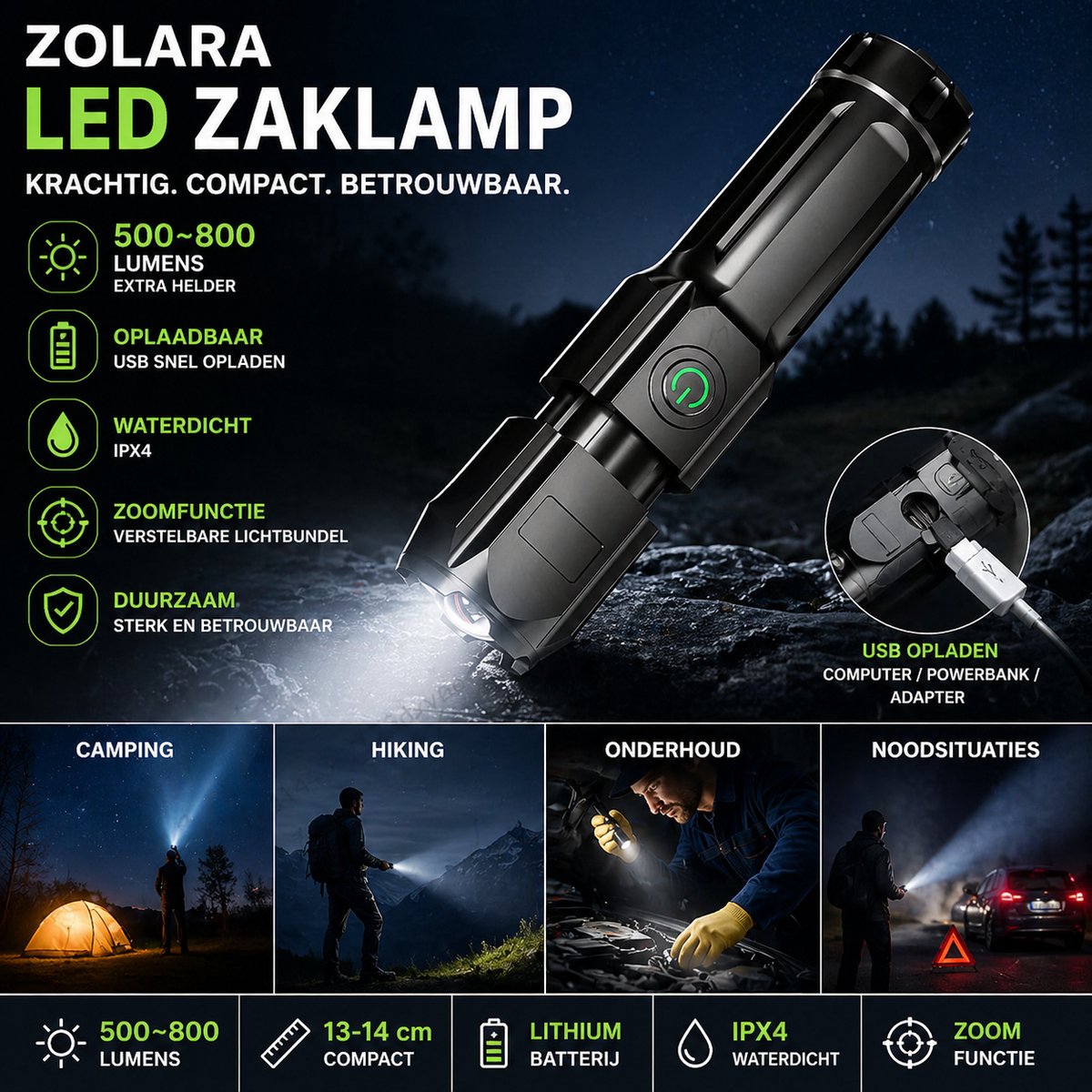 Zolara LED Telescopische Zoomzaklamp - USB Oplaadbaar - Compacte Hoge Lumen - Zoombare Spotlight - 5 standen - Kamperen - Noodzaklamp - Zaklamp