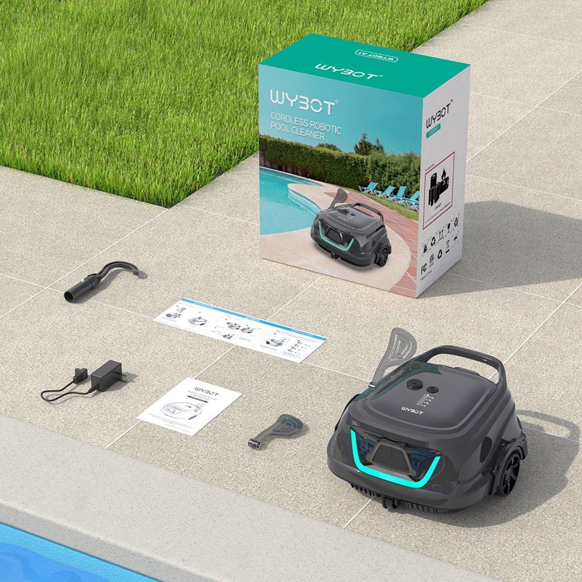 WYBOT A1 Draadloze Robotstofzuiger (Dubbele filters, 120 min runtime, 2,5 uur snelladen, voor bovengrondse zwembaden met vlakke bodem)+2x Ainkter PB26 19-inch 2-in-1 Zwembadborstel (Verstelbaar 180°)+2x Ainkter 18’ Zwembadschepnet — afbeelding 5