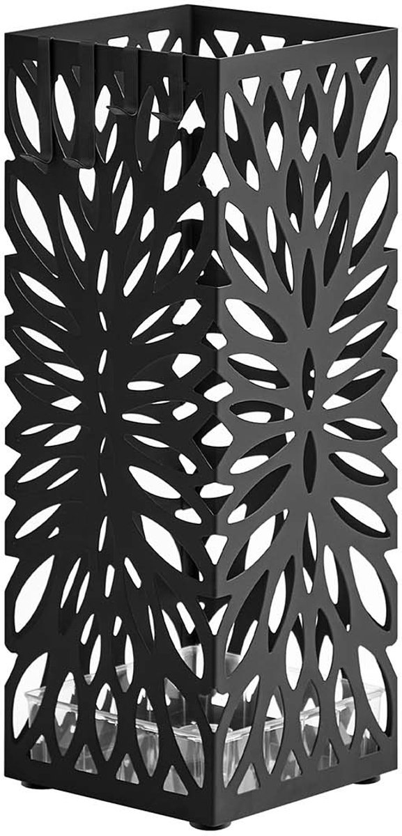 Paraplubak vierkante paraplustandaard 15,5×15,5×41cm zwart metalen vrijstaand ontwerp open ventilatiestructuur met lekbak en 4 haken roestbestendige stabiele constructie eenvoudig te reinigen geschikt voor hal woonkamer en kantoor