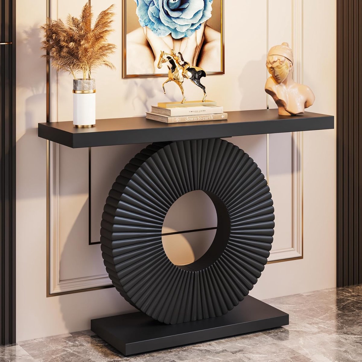 Tribesigns Narrow Console Table, Modern Hallway Table with a Round, Flower-shaped Base, Entrance Table, Sofa Table, Side Table, Wood for Living Room, 100 x 30 x 79 cm, Black