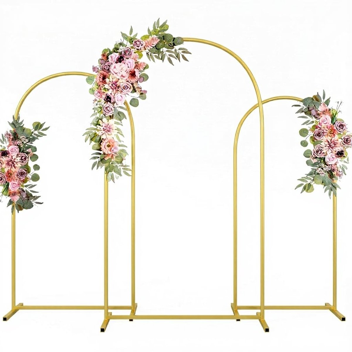 Set van 3 metalen boogstandaards voor bruiloften, goudkleurig, 2,2 m, 2 m en 1,8 m. Boogvormig achtergrondframe voor verjaardagsfeesten, babyshowers, afstudeerceremonies en andere gelegenheden