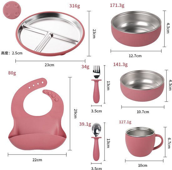 RVS Baby Servies Set - 7-delig Kinderservies met Blauwe Siliconen Zuignap - Roestvrijstalen Bord, Beker, 2 Kommen, Slab & Bestek - BPA-Vrij, Antislip, Vaatwasserbestendig & Hittebestendig - Duurzaam Eetset voor Baby’s en Peuters van Merkloos — afbeelding 3