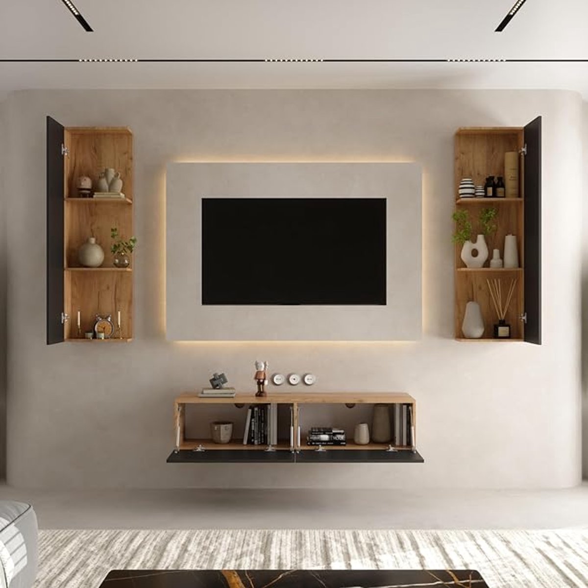 TV Meubel Set 140 cm + 2 Zijkasten 40x130x17 cm & Lowboard 140x30x37.8 cm – Zwevend en Staand TV Wandmeubel Modern Design Gold Oak / Antraciet