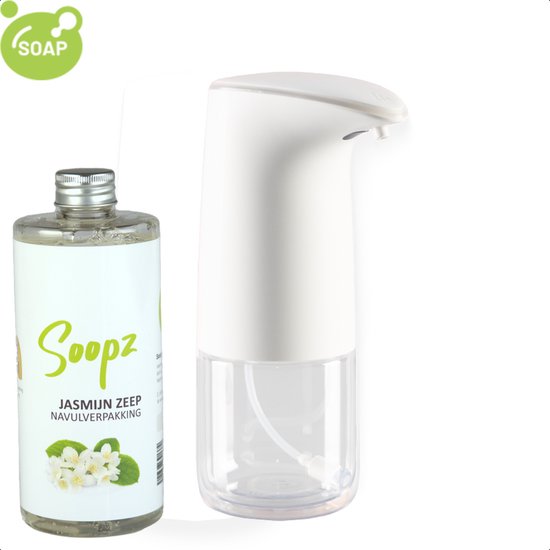 Een witte automatische zeepdispenser en een fles Soopz jasmijnzeep navulverpakking.