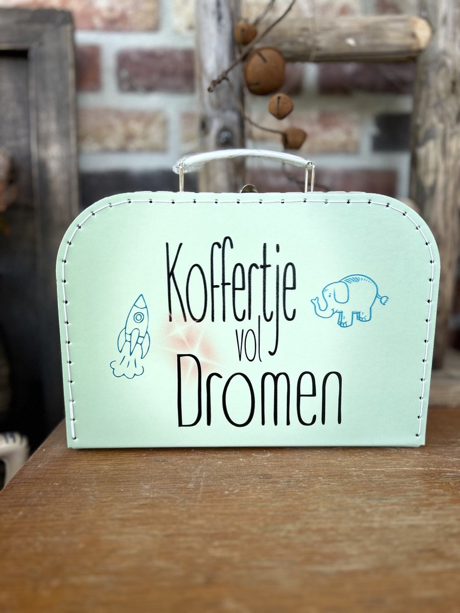 Creaties van hier - koffertje met wit handvat – Koffertje vol dromen – logeren - 30x21,2x9 cm – Maat M - slijtvast - Koffertje