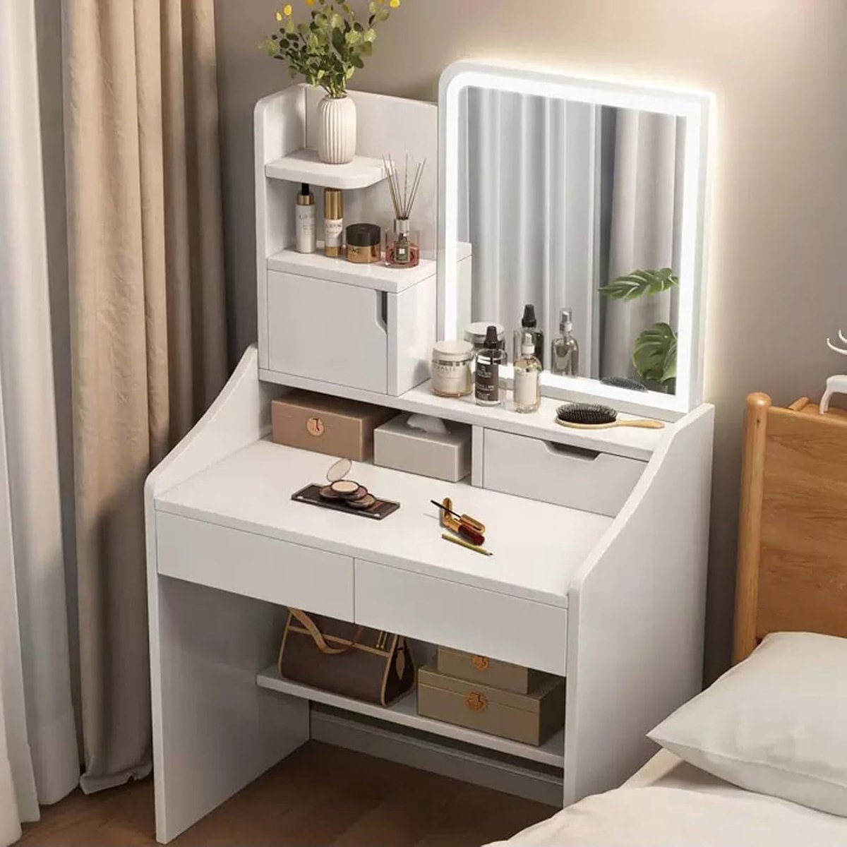 Compact Luxe LED Kaptafel met Rechthoekige Spiegel, 70 x 40 x 130 cm, Make-up Tafel met 2 Lades en 3 Lichtstanden – Ruimtebesparend Design