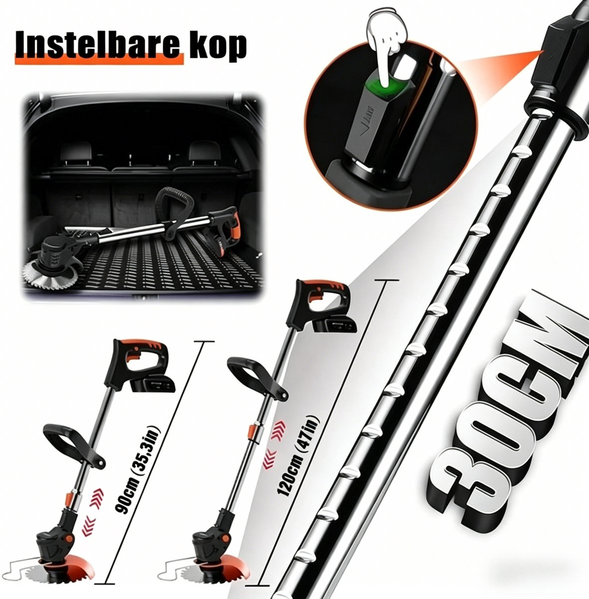 3-in-1 Kantenmaaier – Grastrimmer – Bosmaaier – Grasmaaier – Draadloos & Elektrisch – Incl. 2 Accu ‘s & Snellader - Motorkop -90° en +90° verstelbaar - Incl. 3 snijkoppen – foto 3