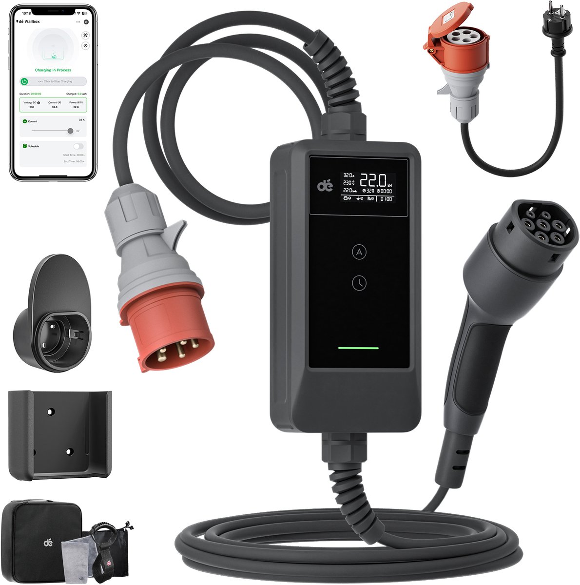 dé Mobiele Thuislader Type 2 - 22kW met APP - Lader Voor Elektrische Auto's 32A 3 fase - CEE naar Type 2 Plug en Play - Totaal 15m Laadkabel - IP66 waterdicht laadstation met LCD Digitaal Display