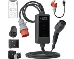 dé Mobiele Thuislader Type 2 - 22kW met APP - Lader Voor Elektrische Auto's 32A 3 fase - CEE naar Type 2 Plug en Play - Totaal 15m Laadkabel - IP66 waterdicht laadstation met LCD Digitaal Display