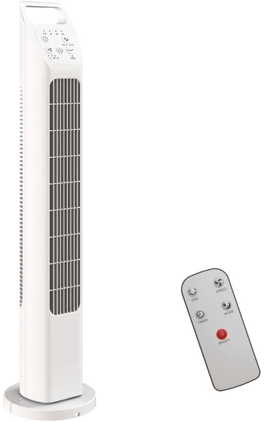 Torenventilator wit 3 snelheden 3 standen stil 56 dB 75° zwenk timer 7,5 uur afstandsbediening