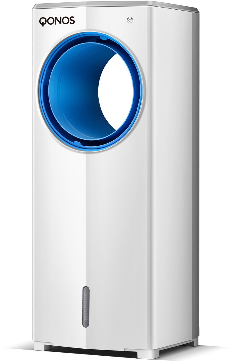 QONOS Cool Bladeless Aircooler -Veilige en Stijlvolle Verkoeling - 4L Watertank, Afstandsbediening, Timer, 3 Snelheden en 3 Windstanden - 110W - Wit - Q1124584