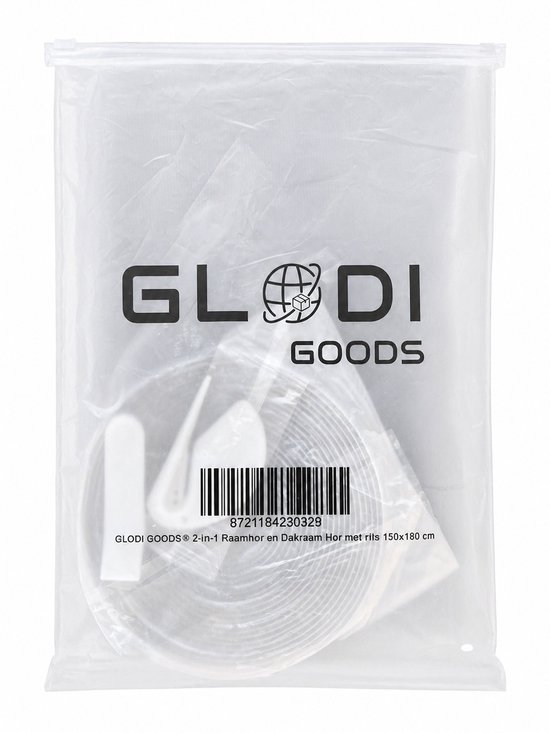 Verpakking van GLODI GOODS raam- en dakraamhor met rits, 150x180 cm, inclusief klittenband en snijmesje.