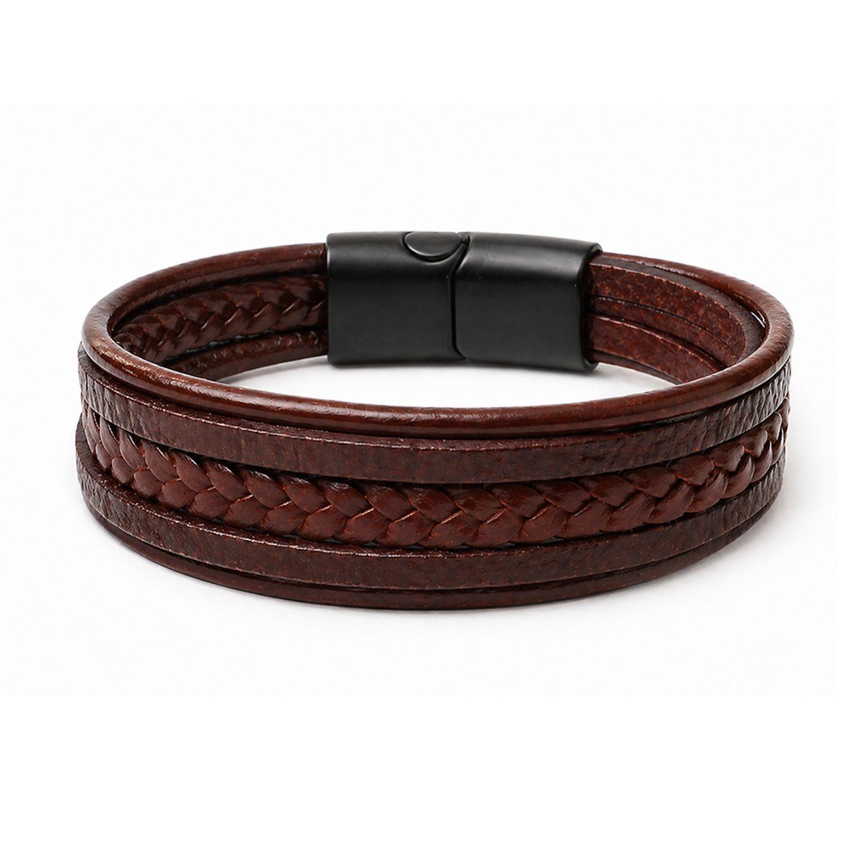 Bruine leren heren armband – vegan leer – gevlochten design – magneetsluiting