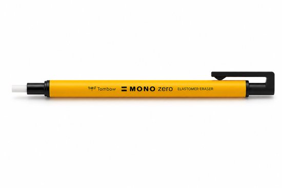 Gele gumpen met een zwarte dop, met de tekst "Tombow MONO zero ELASTOMER ERASER".