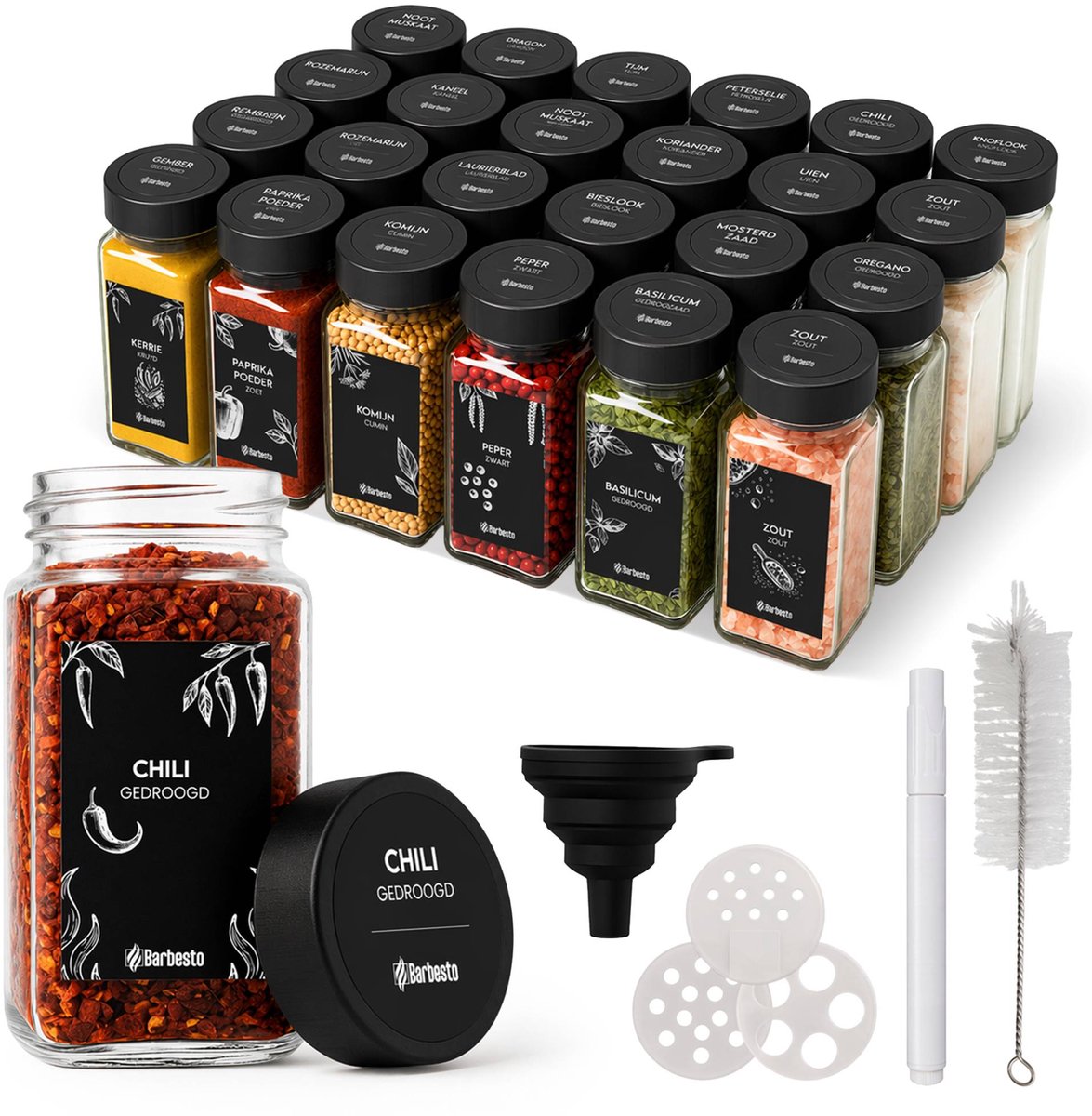CLP Kruidenpotjes Vierkant - 24 stuks - 120 ml - Met etiketten - Kunststof Deksel - zwart