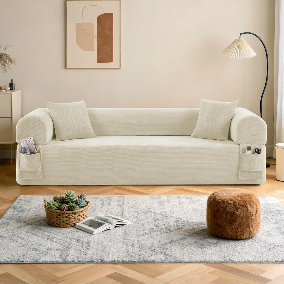 3-zits Slaapbank 200 cm Uitklapbaar Corduroy Bank zonder Montage met Kussens en Poefs – Modulaire Frameloze Woonkamer- & Slaapkamerbank Beige – HomebyNicole