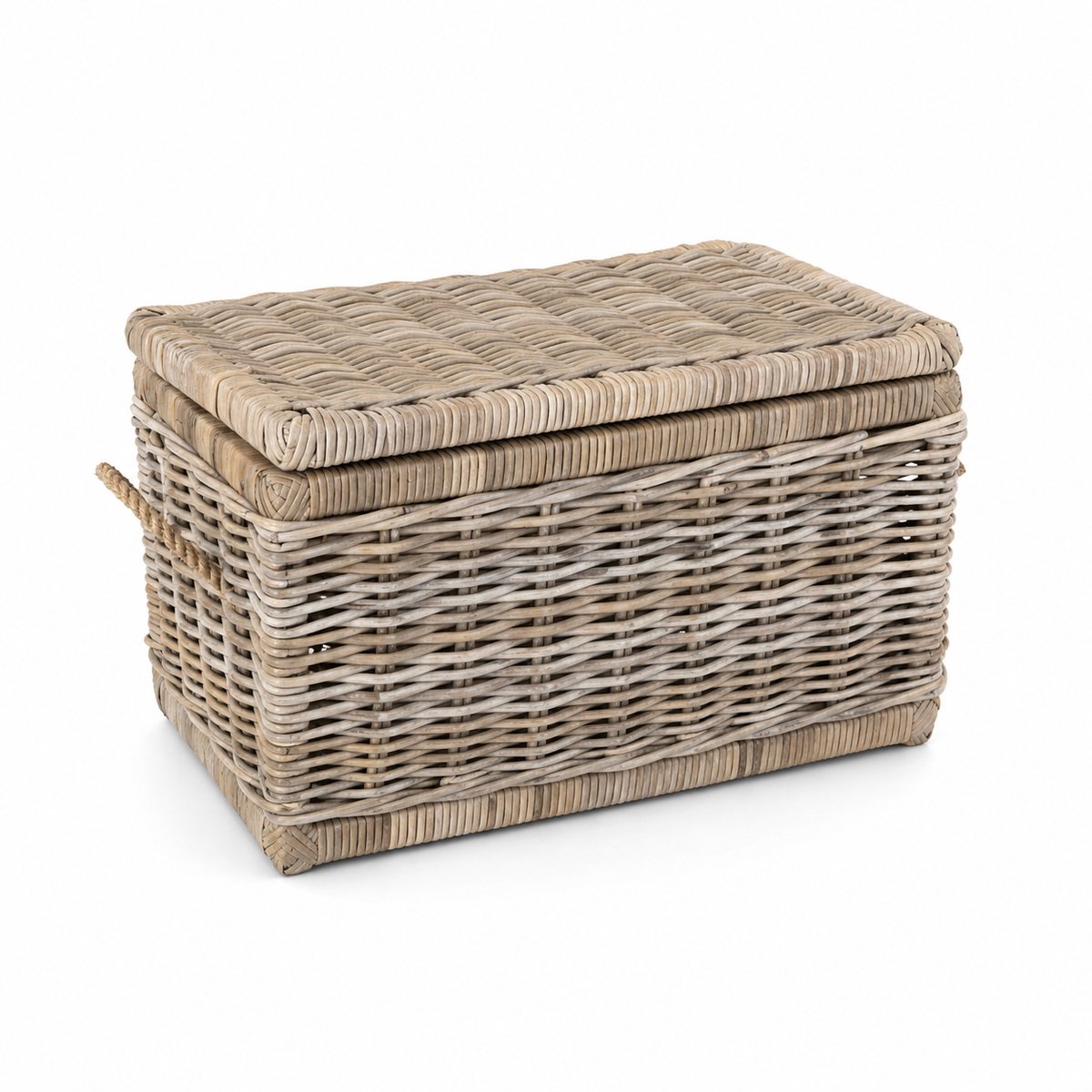 Rotan Opbergmand Met Deksel Grey - Jute Handvatten - 55x37xH35 cm - Rieten Mand - Rechthoek