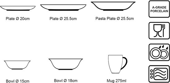 Illustratie van wit servies: borden van 20cm en 25.5cm, pastaborden, kommen van 15cm en 18cm, en mok van 275ml.