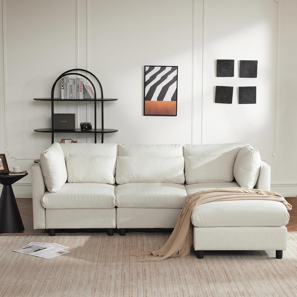Luxe L-Vormige Convertible Slaapbank met Slaapfunctie, Voetenbank en 5 Kussens – 3-Zits Hoekbank met Linnen Bekleding, Comfortabele Zit- en Slaapoplossing 220 x 83 x 81 cm