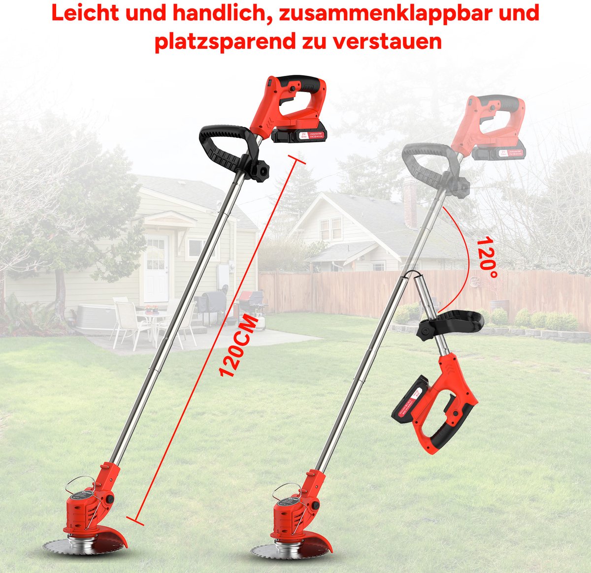 Accu grastrimmer met accu, gazonkantentrimmer met 2 accu's 21V en 4 mestypen + 1 tuinschaar, opvouwbare grasmaaier-Rood – foto 6