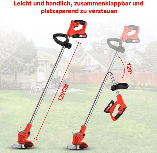 Een rode grastrimmer is 120 cm lang en kan worden ingeklapt voor opslag.