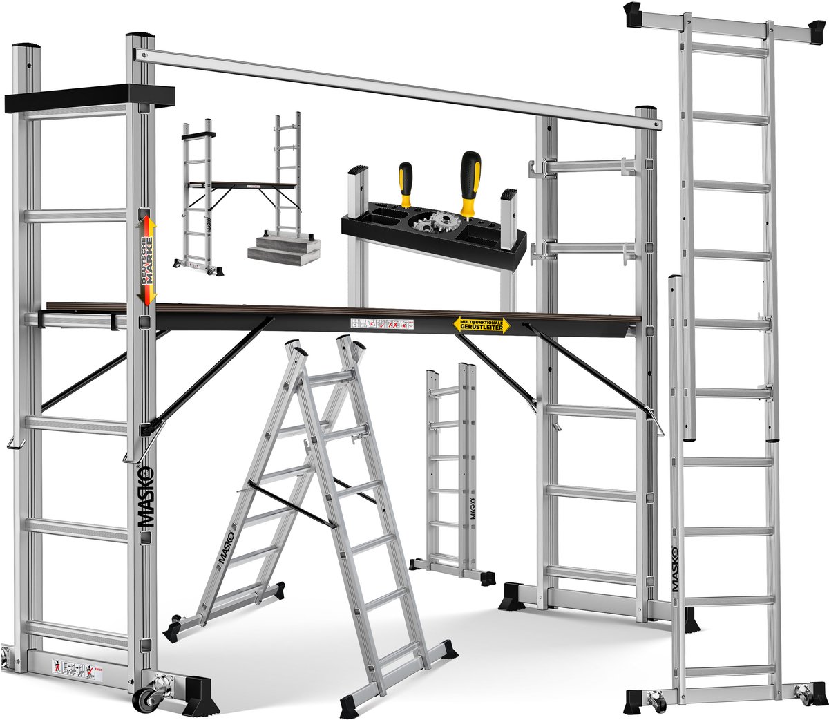 Masko® Kammersteiger Aluminium Steiger Multifunctionele Ladder / Werksteiger / Werkplatform / Ladderrek | Belastbaar tot 150 KG | Antislip coating | Steiger ladder | GS getest (EN 131) - Zilver