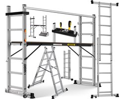 Masko® Kammersteiger Aluminium Steiger Multifunctionele Ladder / Werksteiger / Werkplatform / Ladderrek | Belastbaar tot 150 KG | Antislip coating | Steiger ladder | GS getest (EN 131) - Zilver