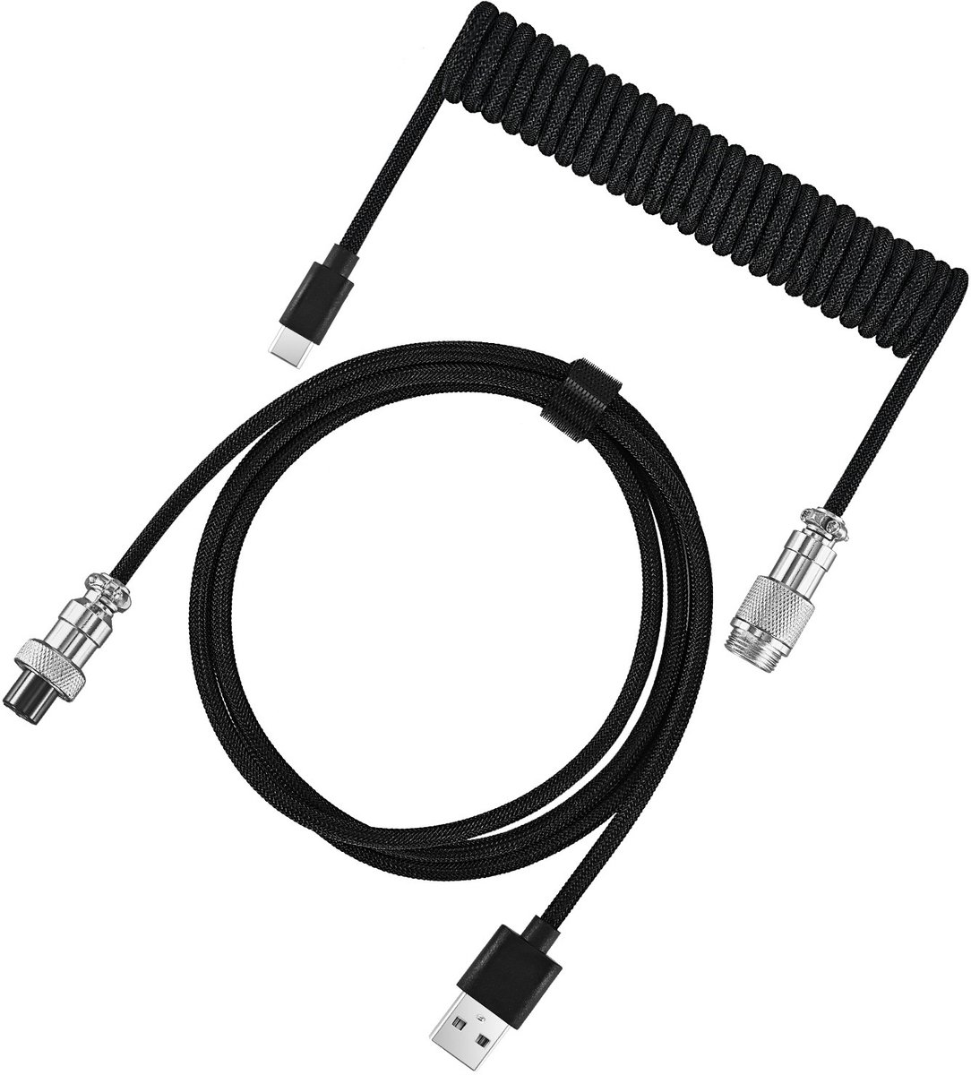 APO Electronics® - Coiled Kabel - USB-C naar USB-A - Metalen Aviator Connector - Premium Nylon Gevlochten - Snellaad & Data - Toetsenbord Kabel - Universeel - 1.65m Uitrekbaar tot 2.15m - Zwart