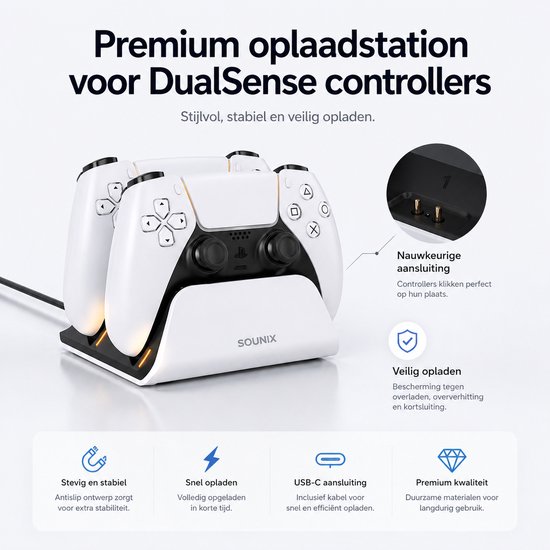 Wit oplaadstation met 'SOUNIX' logo, twee witte controllers geplaatst, oranje accentverlichting.