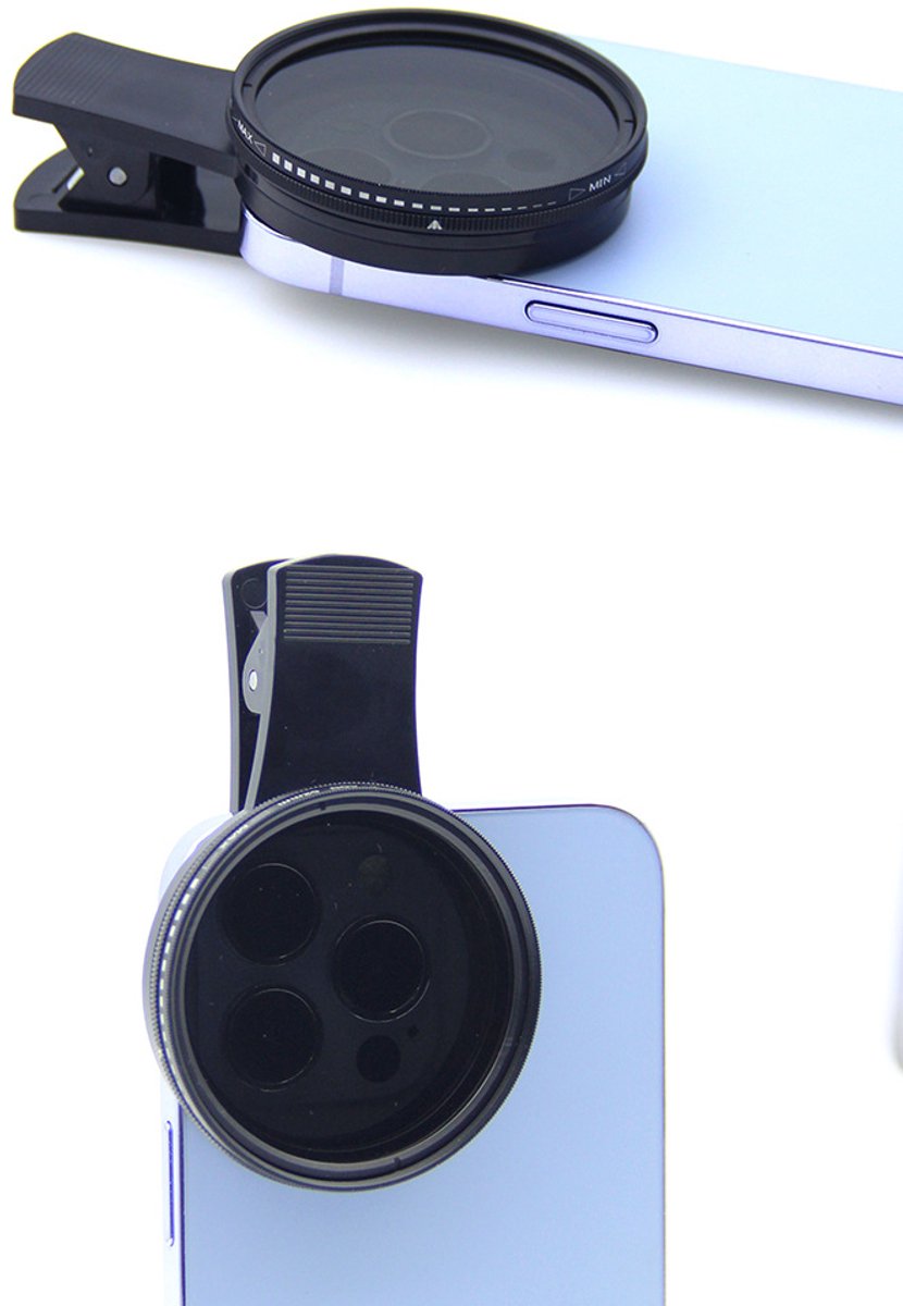 52 mm instelbaar ND2-ND400-filter, ultra-dun verstelbaar grijsfilter met meerlaagse coating, clip-on ND-filter set voor telefoonlens, compatibel met andere smartphones.